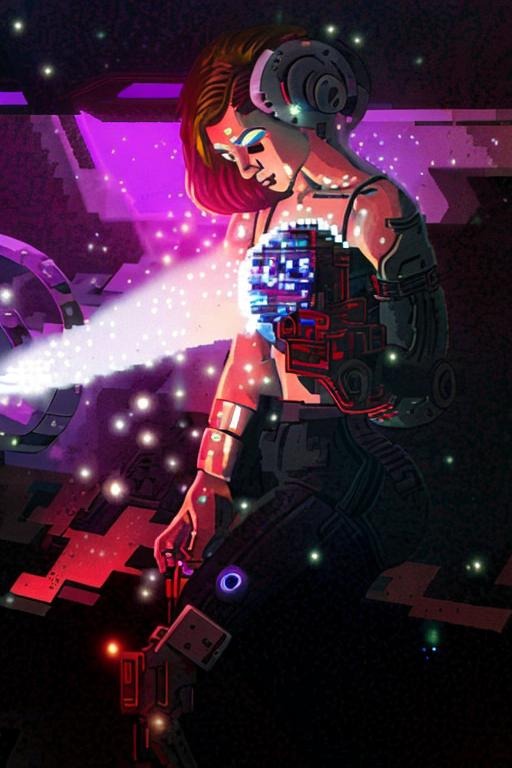 Ilustracja w stylu pixel art: cyberpunkowa postać kobieca z podświetlanym plecakiem odrzutowym