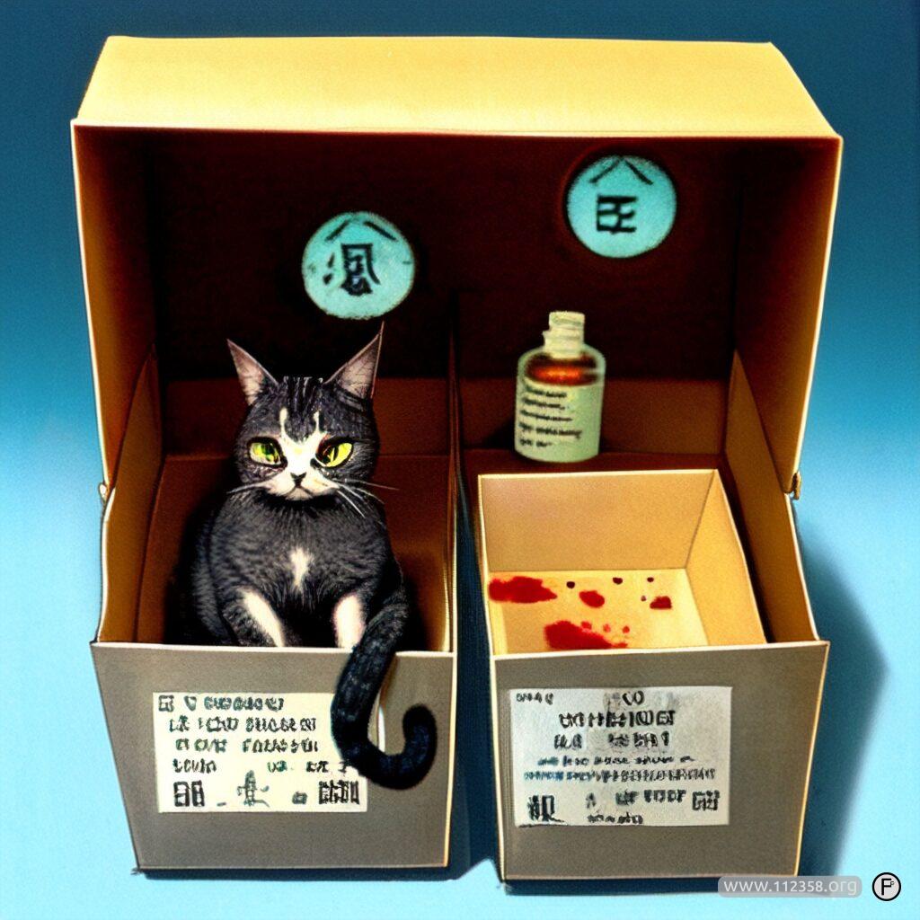 Żartobliwa ilustracja AI nawiązująca do eksperymentu myślowego kota Schrödingera, wariant 6